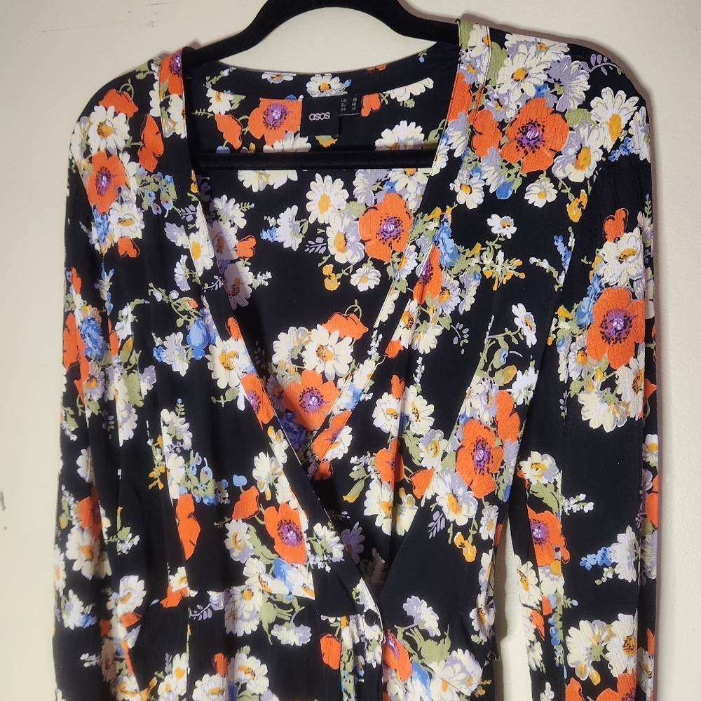 ASOS Floral Wrap Mini Dress Long-sleeve Sz 14 Viscose Tie Bow Black Tulip Skirt - Picture 3 of 8